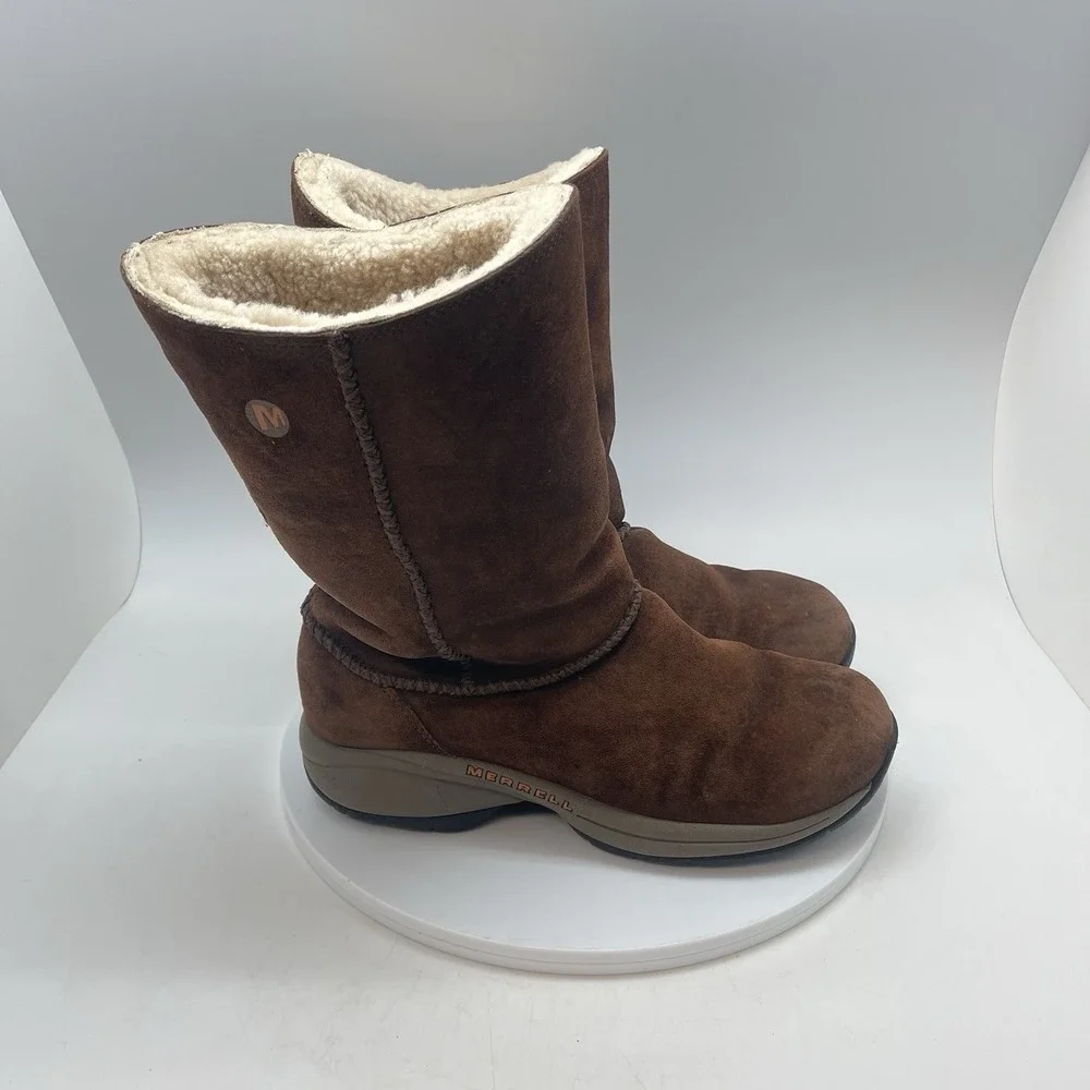 Merrell Primo Stitch High Boots Womens 8 Suede Chestnut Brown Pull‎ Up Fur Lined